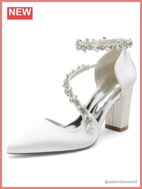 Satin Rhinestone Block Heel Wedding Shoes for Bride Pointed Toe Strappy Bridal